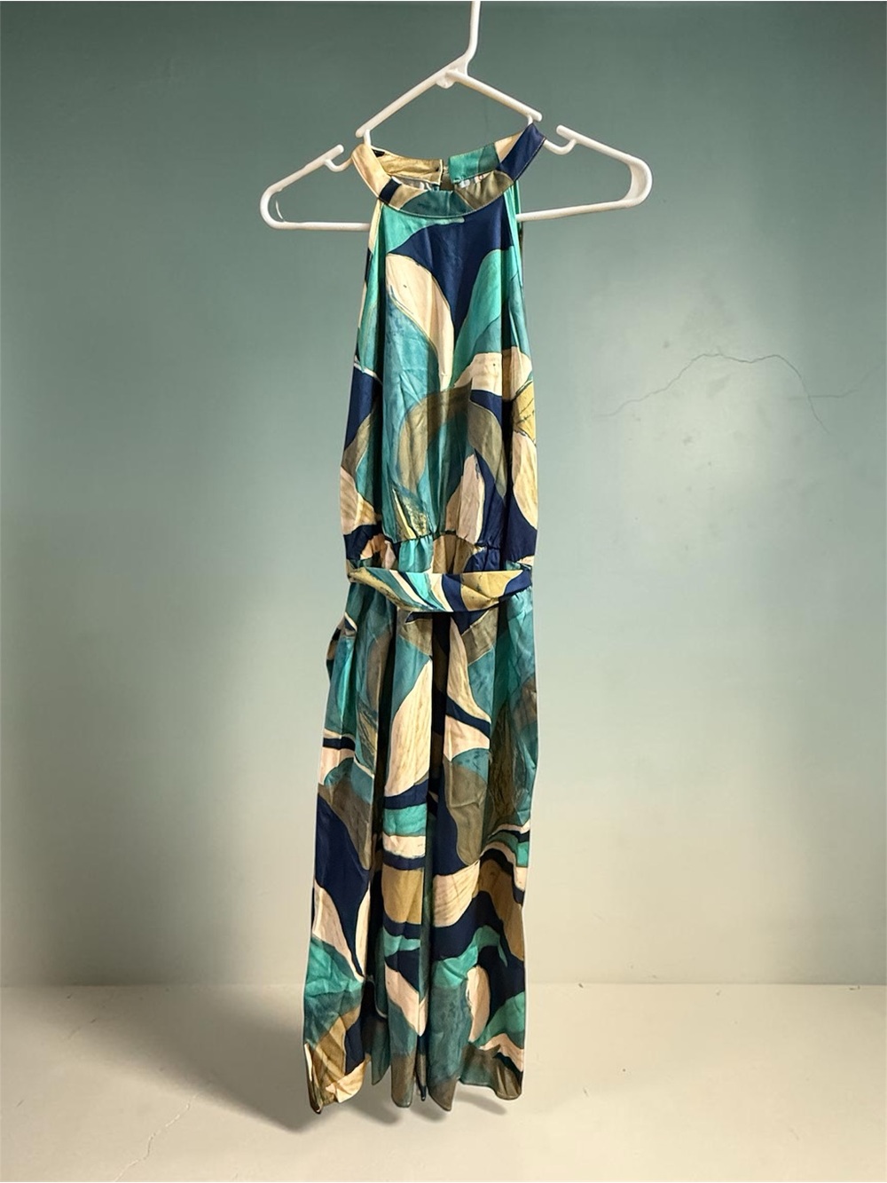 PatPat Abstract Print Halter Maxi Dress - Teal, Navy & Cream